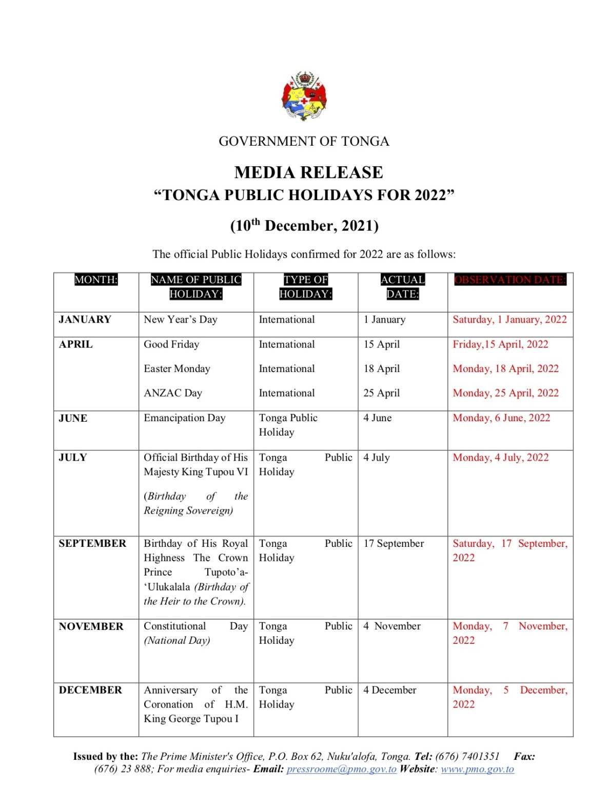 “TONGA PUBLIC HOLIDAYS FOR 2022” – Ko e 'Ofisi 'o e 'Eiki Palemia 'o Tonga