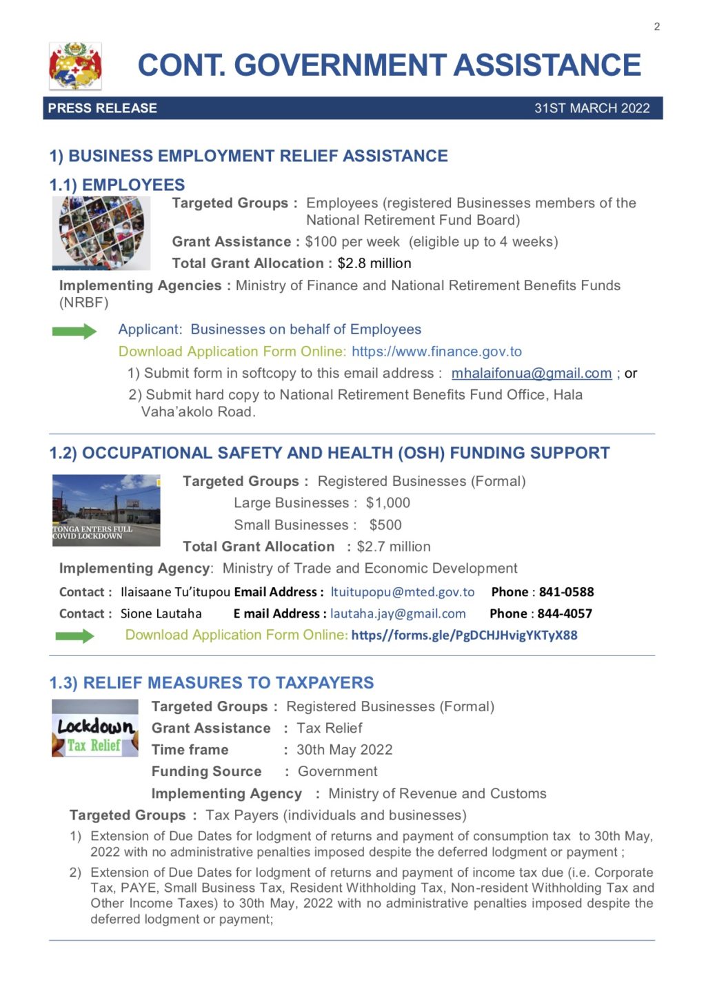 Government Assistance Packages due to ongoing Covid19 lockdown and restrictions Ko e 'Ofisi