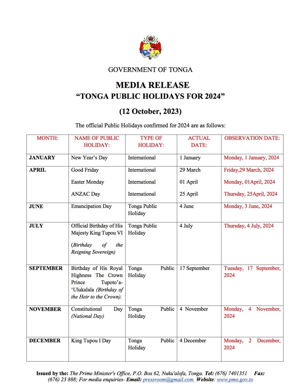 “TONGA PUBLIC HOLIDAYS FOR 2024” Ko e 'Ofisi 'o e 'Eiki Palemia 'o Tonga