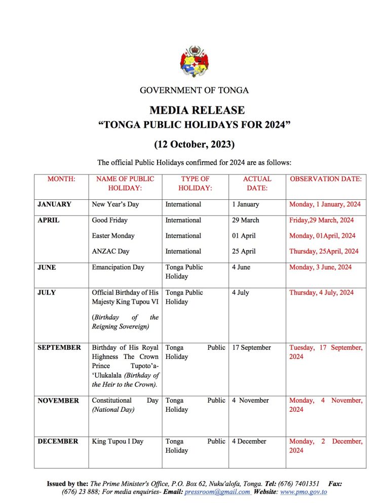 “TONGA PUBLIC HOLIDAYS FOR 2024” – Ko e 'Ofisi 'o e 'Eiki Palemia 'o Tonga